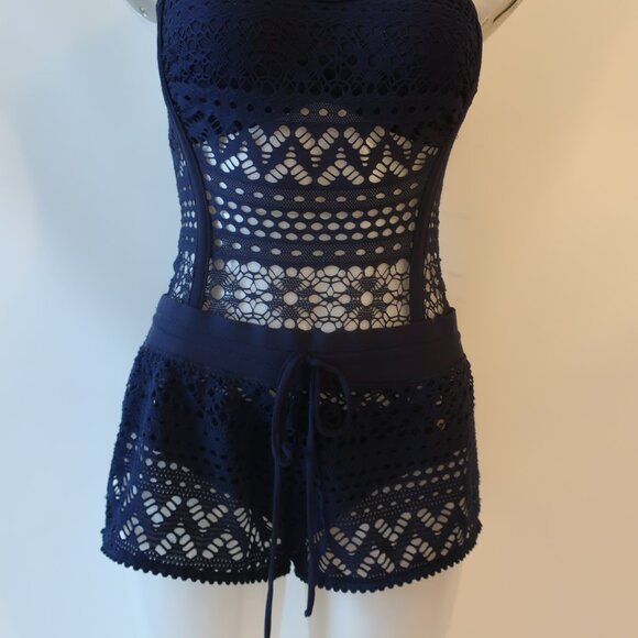 Womens Robin Piccone Navy Crochet 2Pc Set Cover-Up Short/M One Piece Swimsuit/8* - Picture 9 of 13